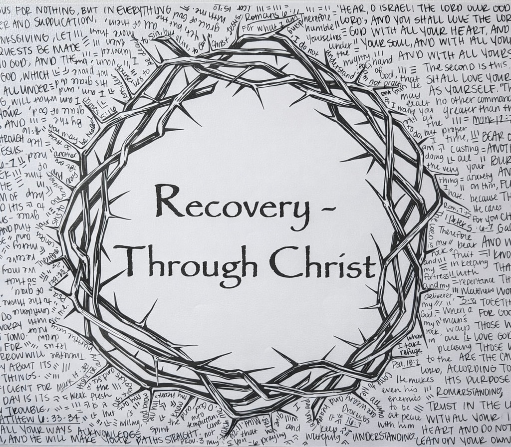 Crown of thorns artwork with Recovery-Through Christ text and scripture passages